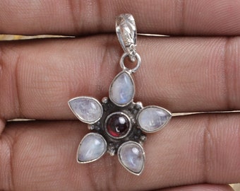 Rainbow Moonstone & Garnet, Pendant Necklace, 925 Sterling Silver Pendant, Handmade Necklace, Flower Shape Pendant, Bohemian Silver Jewelry
