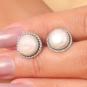Silver Pearl Studs, Boho Earring, Pearl Stud Earring, 925 Sterling Silver Studs Earring, Oval Studs, Dainty Pearl Jewelry, Pearl Earring