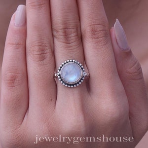 Rainbow Moonstone Ring, 925 Sterling Silver Ring, Round Gemstone Ring, Solitaire Ring, Bohemian Jewelry, Hippie Ring, Anniversary Gift