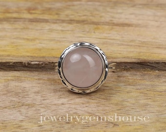 Rose Quartz Ring, 925 Sterling Silver Ring, January Birthstone, Pink Gemstone Ring, Round Shaped Ring, Cabochon Ring, Birthday Gift for Her