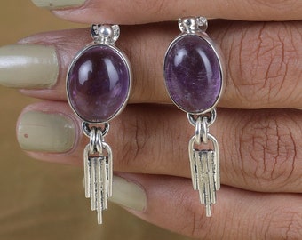 Amethyst Earrings, 925 Sterling Silver Earrings, February Birthstone, Oval Gemstone Earrings, Drop Dangle Earrings, Boho Handmade Jewelry