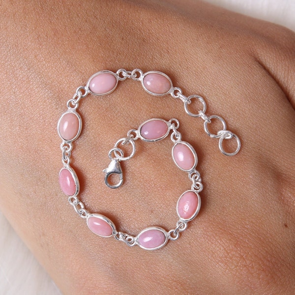 Bracelet d'opale rose de haute qualité, bracelet en argent sterling 925, bracelet de pierre de naissance d'octobre, bracelet de pierres précieuses naturelles, bijoux minimalistes