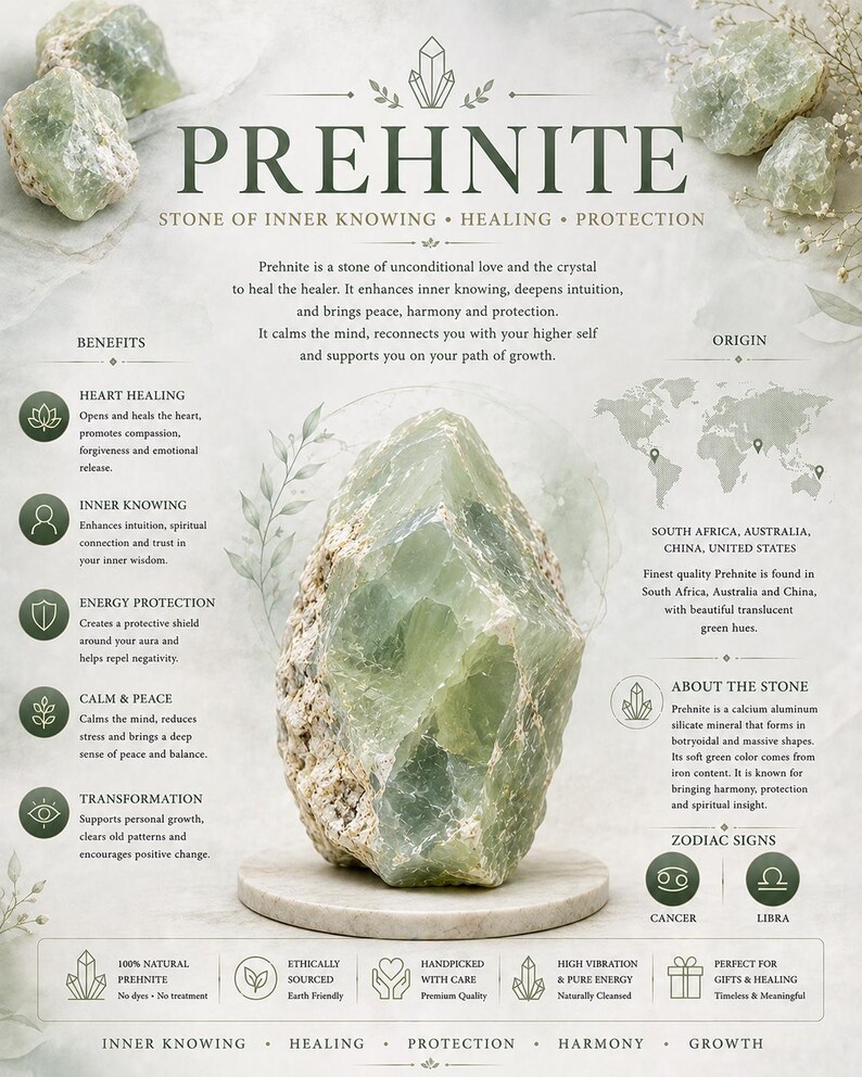Peut inclure: Une affiche informative sur la prehnite pr&eacute;sentant un grand sp&eacute;cimen de cristal vert p&acirc;le translucide sur une base circulaire. Le texte d&eacute;taille les propri&eacute;t&eacute;s, les bienfaits, les origines en Afrique du Sud, Australie, Chine et &Eacute;tats-Unis, et les signes du zodiaque.
