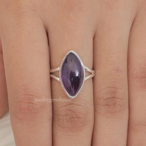 Amethyst Ring, 925 Solid Sterling Silver Ring, Marquise Ring, Cabochon Gemstone Ring, Split Band Ring, Boho Handmade Jewelry, Gift For Her