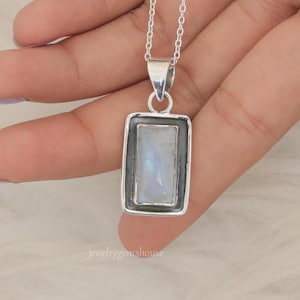 Colgante de piedra lunar arcoíris, collar de plata de ley 925, colgante rectangular, colgante de piedra preciosa, joyería hecha a mano, collar con colgante