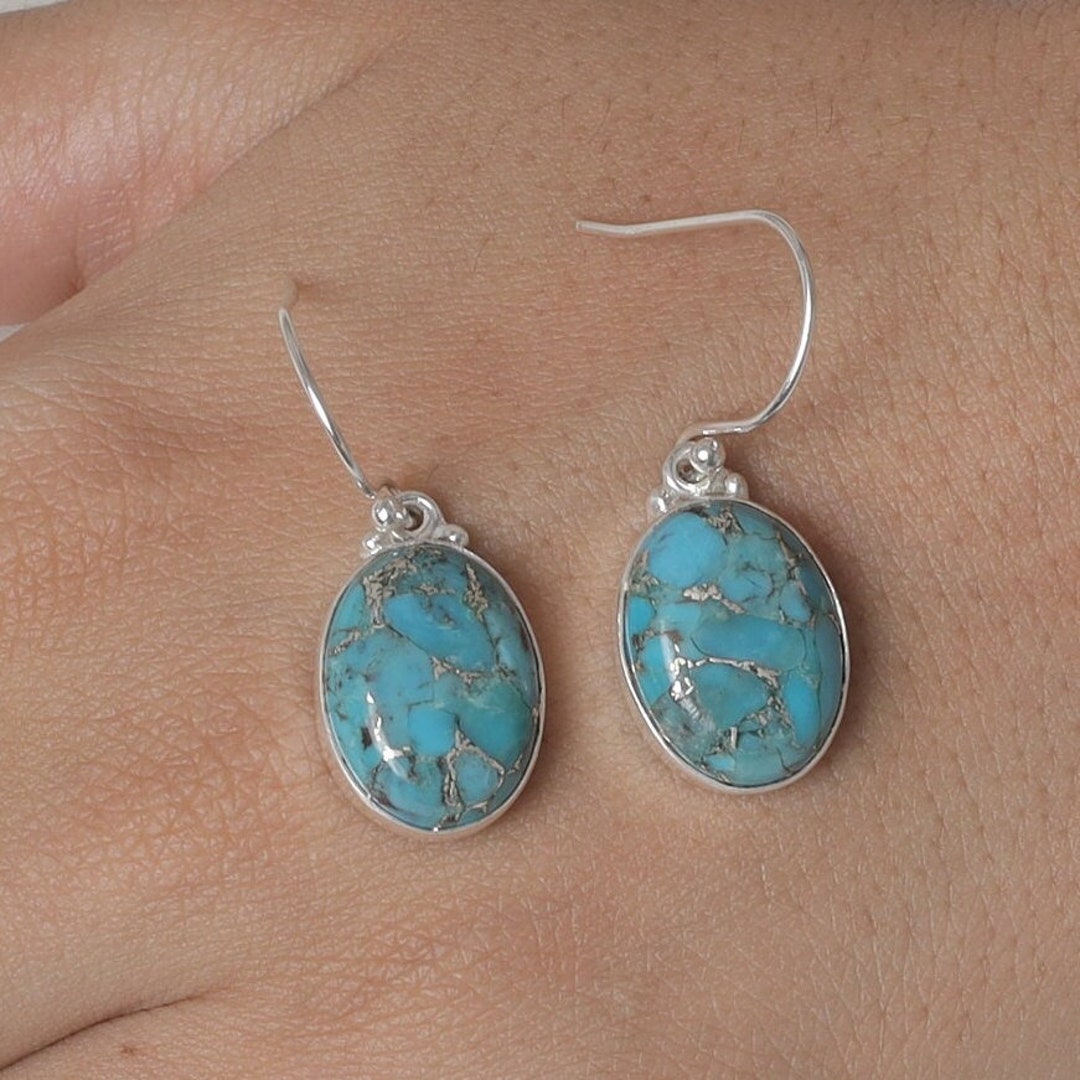 Boucles D'oreilles Pendantes En Turquoise D'Arizona Et Argent 925 (7.8g) - Occasion - Dormeuses