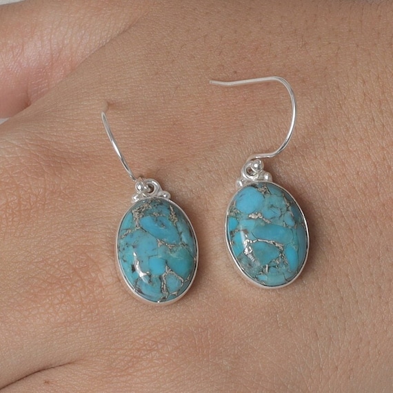 Boucles D'Oreilles Pendantes En Argent 925 Et Turquoise Naturelle - Neuf Sans Écrin