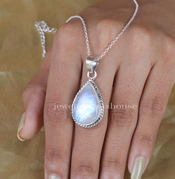 Rainbow Moonstone Teardrop Pear Shape Pendant Polished Sterling Silver Rainbow Moonstone Teardrop Pear Shape Pendant Polished Sterling Silver