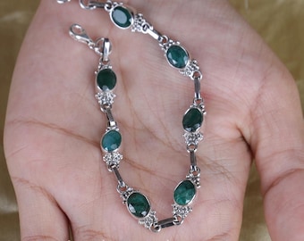Emerald Bracelet, 925 Sterling Silver Bracelet, May Birthstone, Green Gemstone Bracelet, Boho Handmade Jewellery, Christmas Gifts for Her
