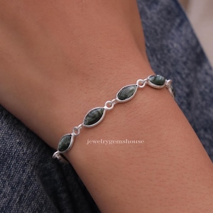 Natural Seraphinite Bracelet, 925 Sterling Silver Bracelet, Marquise Gemstone Bracelet ,Boho Handmade Jewelry, Adjustable Silver Bracelet