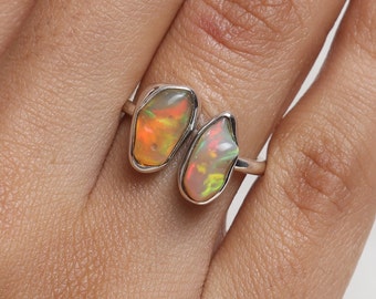 Bague opale éthiopienne brute, bague en argent sterling 925, pierre de naissance octobre, bague pierres précieuses brutes, bijoux en argent faits main, bague réglable