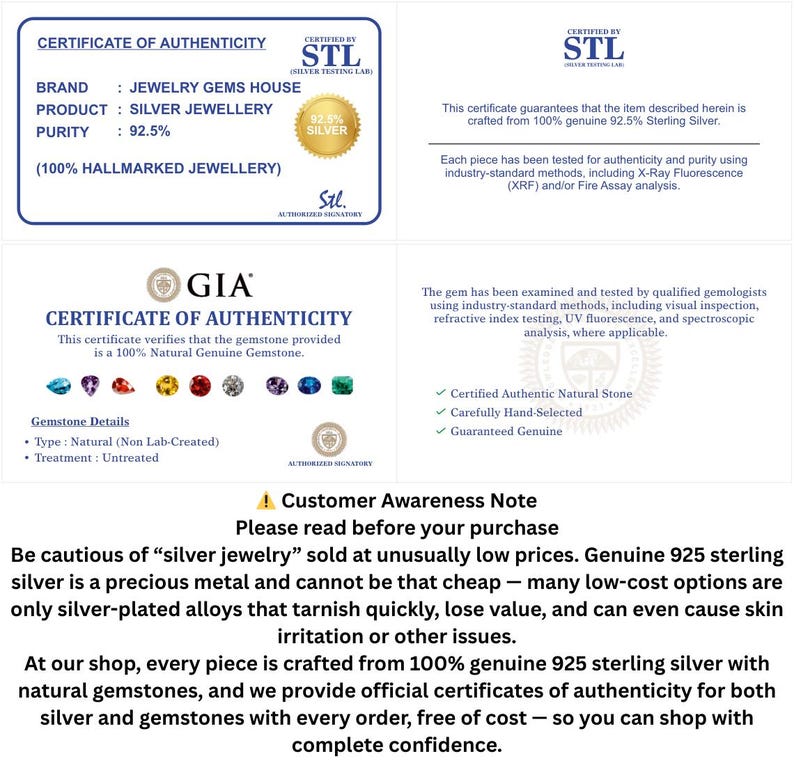 May include: A white document containing two certificates of authenticity for silver jewelry and natural gemstones. The text includes details about 92.5% silver purity, GIA certification, and a customer awareness note regarding genuine sterling silver.