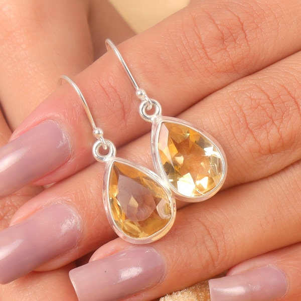 Natural Citrine Earring, Solid 925 Silver Earring, Solid Silver Dangle Earring, Pear Cut Stone Earring, Crystal Earring, Statement Earring