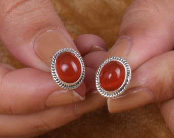 Natürliche Karneol Ohrstecker, 925 Sterling Silber Ohrstecker, Oval Ohrstecker, Frauen Silber Schmuck, Handgefertigte Ohrringe, Stein aus Indien