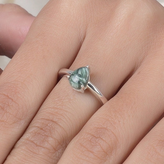 Seraphinite Ring, Pear Cut Stone Ring, Solid 925 Sterling Silver Ring, Dainty Ring, Solitaire Ring, Gemstone Ring, Women Ring, Promise Ring
