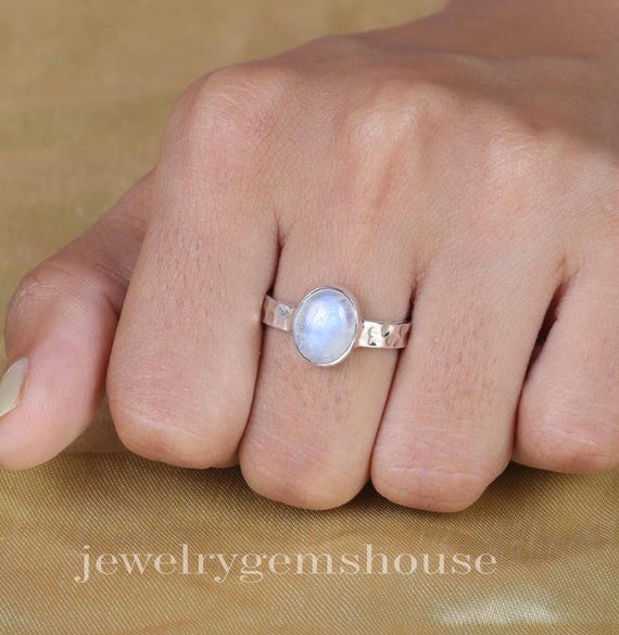 Anello Fatto A Mano In Argento 925 Con Pietra Di Luna Arcobaleno Naturale Taglio Ovale MK