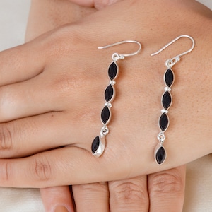Black Onyx Statement Earrings Sterling Silver , Black Earrings Silver, Black 4 Stone Earrings ,Black Dangle Earrings ,Women Dainty Earrings