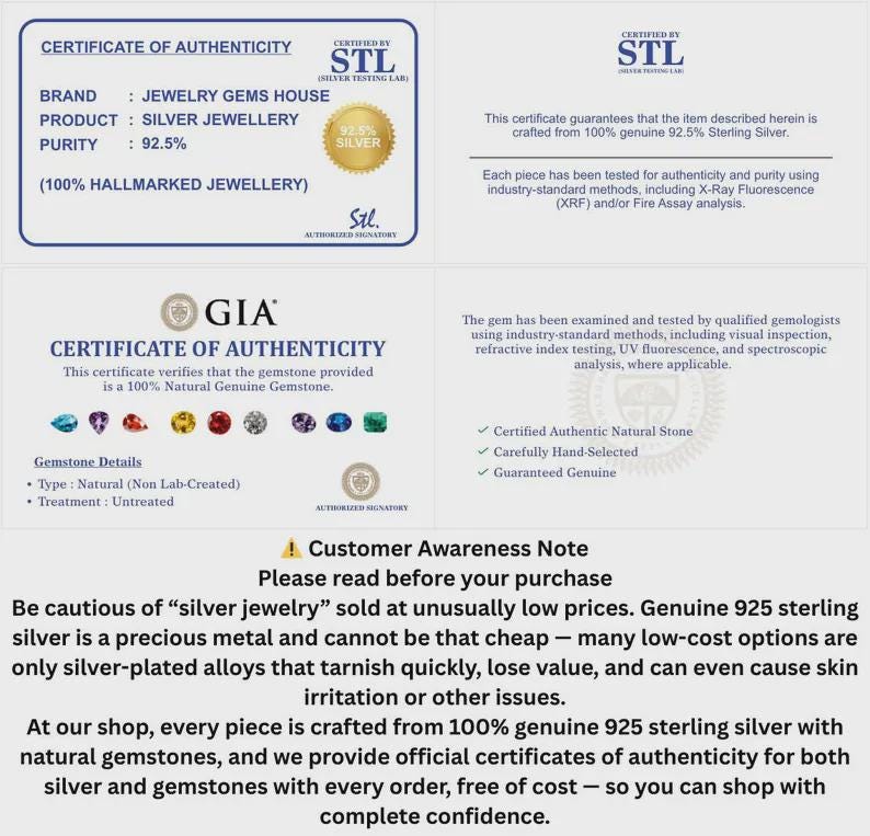 Peut inclure: Un certificat d'authenticit&eacute; blanc pour les bijoux en argent et pierres pr&eacute;cieuses naturelles de Jewelry Gems House. Il comprend les logos STL et GIA, des d&eacute;tails sur la puret&eacute; de l'argent 92,5% et une note d'information sur l'argent sterling.