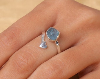 Natural Aquamarine Ring, Rough Gemstone Ring, 925 Sterling Silver Ring, Adjustable Ring, Raw Stone Ring, Dainty Ring, Open Ring, Women Ring