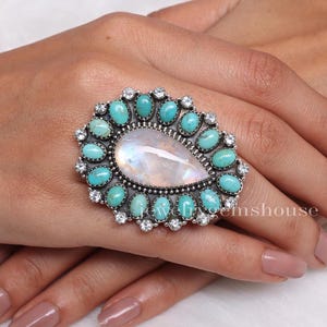 Bague en pierre de lune arc-en-ciel, turquoise et topaze bleue, bague en argent sterling 925, bague tendance bohème, bague avec plusieurs pierres précieuses, bague pour bijoux fait main
