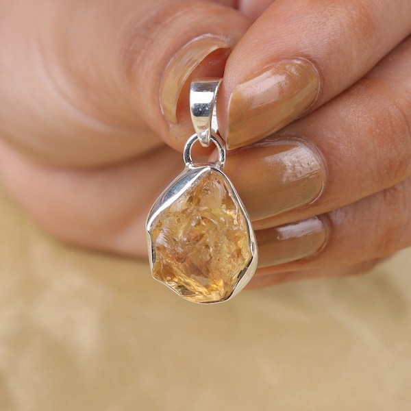 Raw Citrine Pendant, 925 Sterling Silver Necklace, November Birthstone, Rough Gemstone Necklace, Handmade Jewellery, Bohemian Pendant