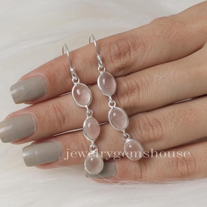 Rose Quartz Earrings, 925 Sterling Silver Earrings, Dangle Gemstone Earrings, Boho Handmade Jewelry, Cabochon Earrings, Earrings For Women
