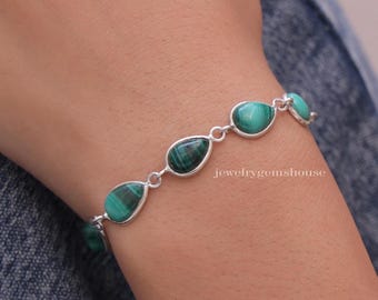 Bransoletka z malachitu, Bransoletka ze srebra próby 925, Bransoletka z naturalnych kamieni szlachetnych, Bransoletka Boho Handmade, Regulowana biżuteria srebrna, Prezent dla niej