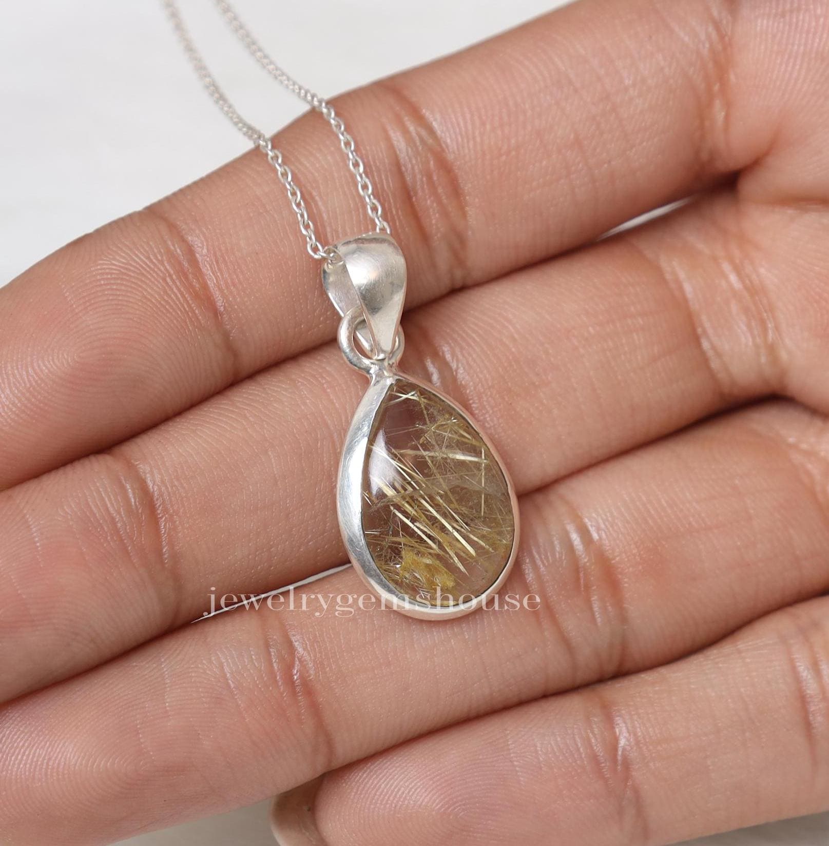 vin◯gold rutilated drop necklace◯silver Rutilated Quartz Necklace, Golden Rutilated Quartz Pendant