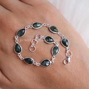 Natural Seraphinite Bracelet, 925 Sterling Silver Bracelet, Pear Gemstone Bracelet, Healing Crystal Bracelet, Adjustable Silver Bracelet