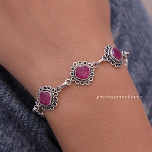 Ruby Bracelet, 925 Sterling Silver Bracelet, Faceted Gemstone Bracelet, July Birthstone Bracelet, Handmade Jewelry, Christmas Gift for Wife