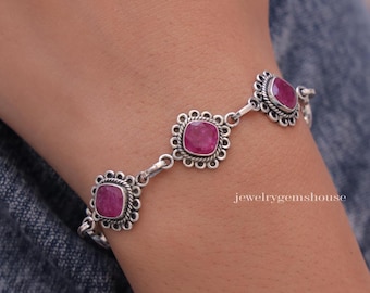 Ruby Bracelet, 925 Sterling Silver Bracelet, Faceted Gemstone Bracelet, July Birthstone Bracelet, Handmade Jewelry, Christmas Gift for Wife