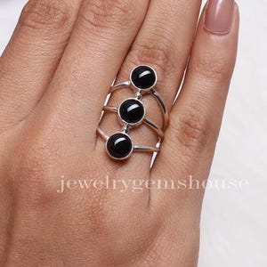 Black Onyx Ring, 925 Solid Sterling Silver Ring, Triple Gemstone Ring, Handmade Ring, December Birthstone, Boho Silver Jewelry, Women Ring