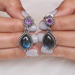 Labradorite & Amethyst Earrings, 925 Sterling Silver Earrings, Two Gemstone Earrings, Dangle Silver Earrings, Handmade Jewelry, Gift for Her