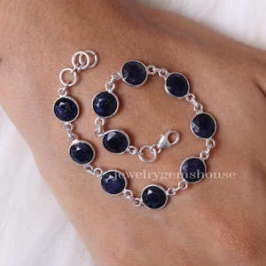 Blue Sapphire Bracelet, 925 Solid Sterling Silver Bracelet, September Birthstone Bracelet, Round Gemstone Bracelet, Healing Crystal Bracelet
