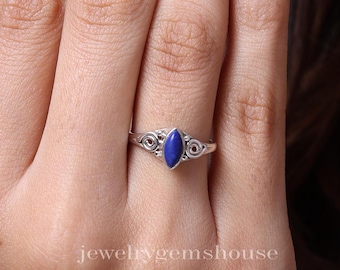 Natuurlijke lapis lazuli-ring, 925 sterlingzilveren ring, marquise edelsteenring, handgemaakte sieradenring, minimalistische ring, gepersonaliseerd cadeau