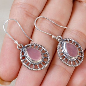 Natural Pink Chalcedony Earrings, 925 Sterling Silver Earring, Bridesmaid Gift, Gemstone Jewelry, Birthday Gift for Mom, Handmade Earring
