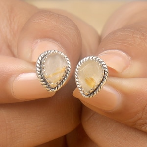 Golden Rutile Stud Earrings, 925 Sterling Silver Stud Earrings, Natural Stone Handmade Studs Women Silver Jewelry, Stone Sourced from Brazil
