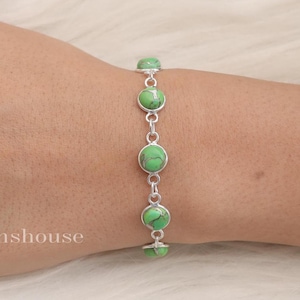 Green Copper Turquoise Bracelet, 925 Sterling Silver Bracelet, Round Gemstone Bracelet, Handmade Bracelet, Bohemian Jewelry, Dainty Bracelet