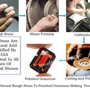 May include: Diagram showing the process of turning a rough gemstone into a polished gemstone. The steps include: rough stone, shape forming, calibration, cutting and polishing. The text states: "All Stone Are Natural And Certified By GIA. We Deal In All Types Of Natural Stones. From Natural Rough Stone To Finished Gemstone Making Process."