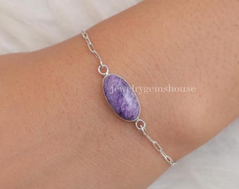 Charoite Bracelet, 925 Sterling Silver Bracelet, Gemstone Bracelet, Handmade Jewelry, Hippie Bracelet, Adjustable Bracelet Christmas Gift