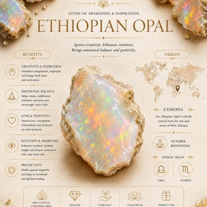 Puede incluir: Un &oacute;palo et&iacute;ope en bruto con destellos iridiscentes, centrado en un gr&aacute;fico informativo. El texto dice ETHIOPIAN OPAL, STONE OF AWAKENING & INSPIRATION, enumerando beneficios, origen, piedra de nacimiento de octubre y los signos zodiacales Libra y Escorpio.