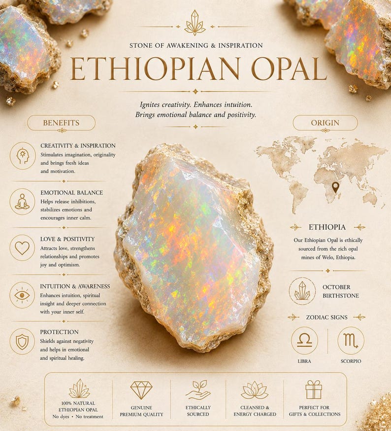 Puede incluir: Un &oacute;palo et&iacute;ope en bruto con destellos iridiscentes, centrado en un gr&aacute;fico informativo. El texto dice ETHIOPIAN OPAL, STONE OF AWAKENING & INSPIRATION, enumerando beneficios, origen, piedra de nacimiento de octubre y los signos zodiacales Libra y Escorpio.