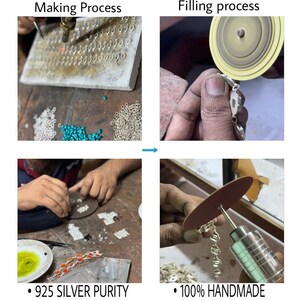 Puede incluir: Un collage de cuatro partes que muestra los pasos de fabricaci&oacute;n de joyas, incluyendo soldadura de componentes, pulido de eslabones de plata, engaste de piedras y esmerilado, con el texto 925 SILVER PURITY y 100% HANDMADE.