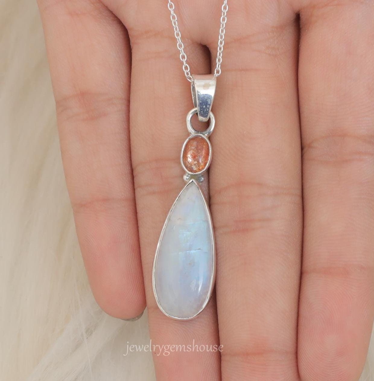 Collana Vintage Bohémien Con Pietra Di Luna Turchese A Goccia - Ciondolo In Lega, Lunghezza Regolabile, Gioiello Donna - 2