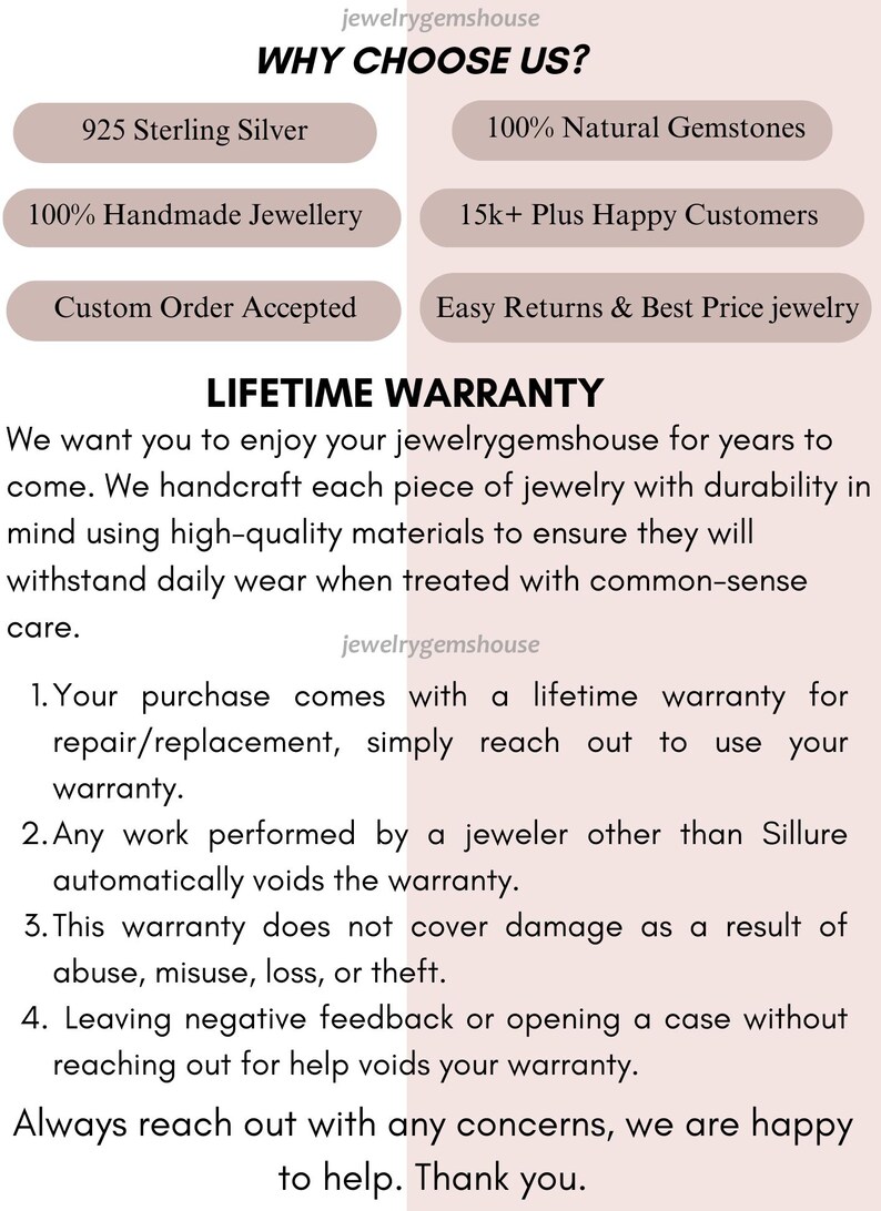 May include: An informational graphic for jewelrygemshouse titled WHY CHOOSE US? listing features like 925 Sterling Silver, 100% Natural Gemstones, 100% Handmade Jewellery, 15k+ Plus Happy Customers, Custom Order Accepted, and Easy Returns & Best Price jewelry.