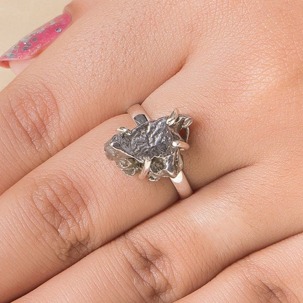 Meteorite Ring, 925 Sterling Silver Ring, Rough Gemstone Ring, Women Silver Ring, Healing Crystal Ring, Boho Jewelry, Mother's Day Gift Ring