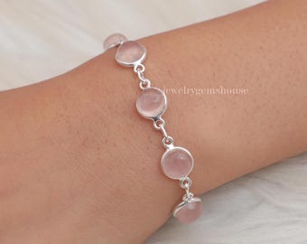 Pulsera de cuarzo rosa, pulsera de plata de ley 925, piedra de nacimiento de enero, pulsera hecha a mano, pulsera ajustable, joyería bohemia, regalo para mujer