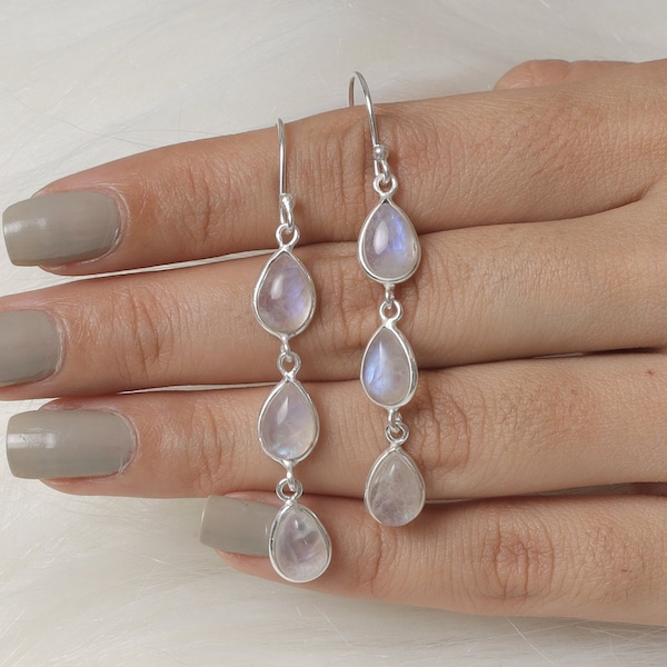 Natural Rainbow Moonstone Earrings, 925 Sterling Silver Earrings, Rainbow Fire Gemstone Earrings, Vintage Earrings, Triple Drop Earrings