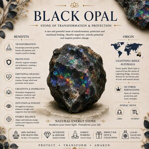 May include: A raw black opal stone with iridescent flashes of green, blue, and red color. The image includes text detailing the stone as a black opal from Lightning Ridge, Australia, noting its benefits, origin, and status as an October birthstone.