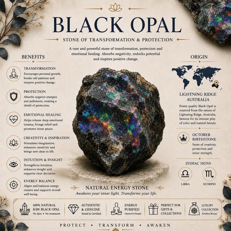 May include: A raw black opal stone with iridescent flashes of green, blue, and red color. The image includes text detailing the stone as a black opal from Lightning Ridge, Australia, noting its benefits, origin, and status as an October birthstone.